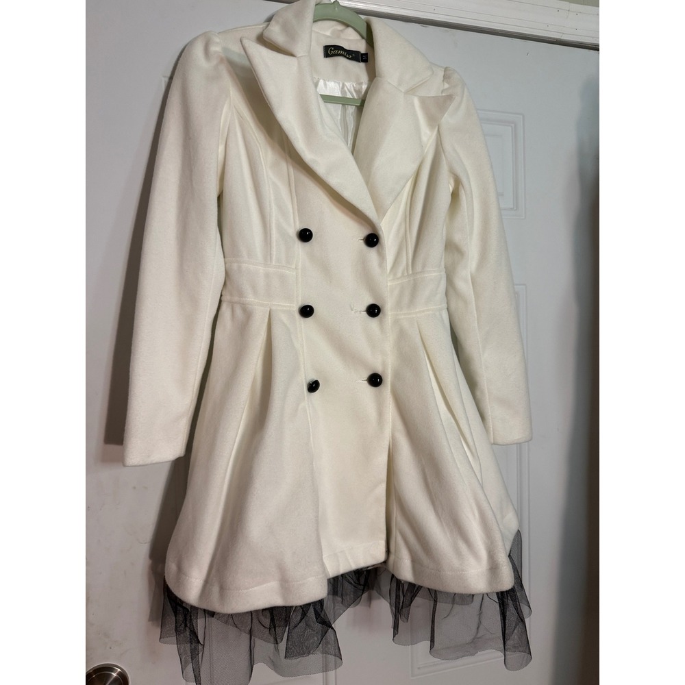 Gamiss White Double Breasted Pea Coat Tulle Hem Pleated Skirt Jacket Womens M